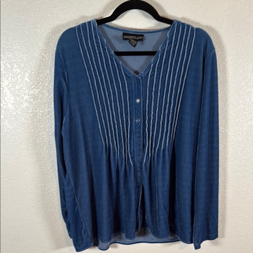 Monterey Bay Blue Velvet Pin Tuck Button Down Blouse Size Xl